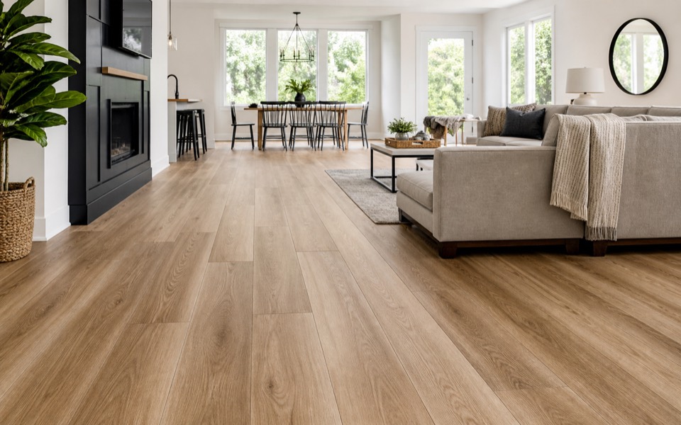 Finished whole-home luxury vinyl plank flooring with continuous wood-look planks