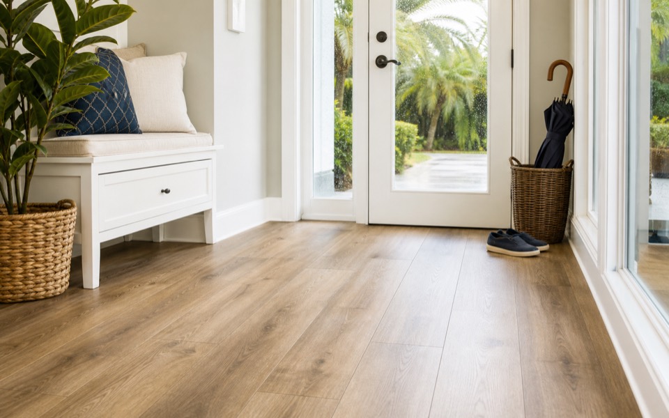 Waterproof luxury vinyl plank flooring in a bright Florida entryway