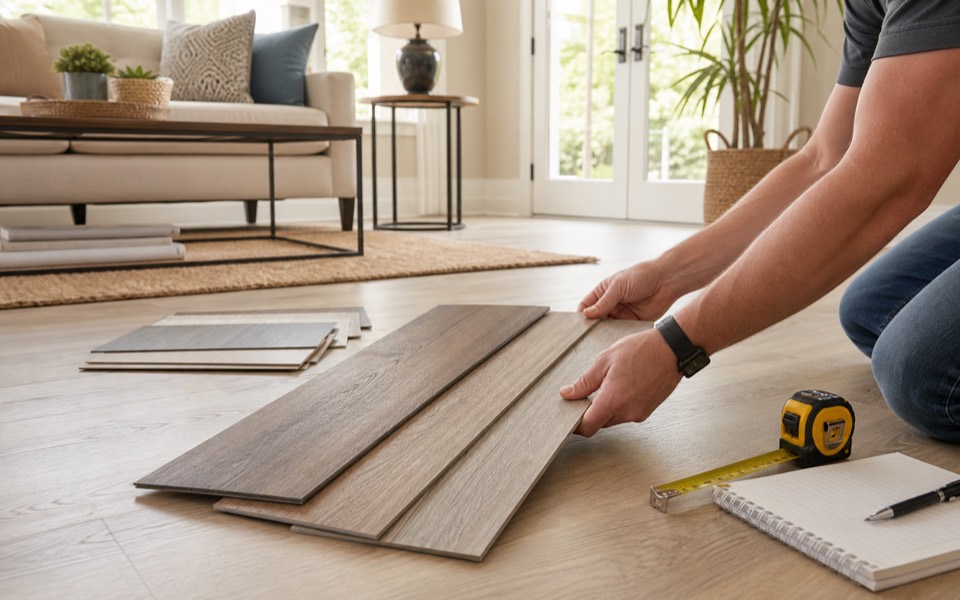 Luxury vinyl plank flooring samples shown during a free in-home consultation in Central Florida