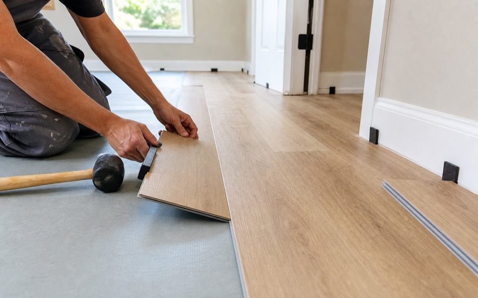 Installer placing luxury vinyl plank flooring in a Central Florida home